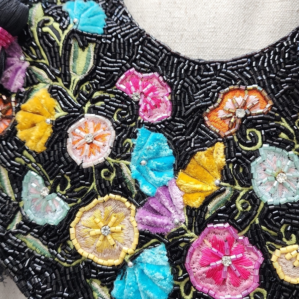 Black Beaded Floral Crescent Clutch with Multicolor Embroidery - Picture 2 of 3